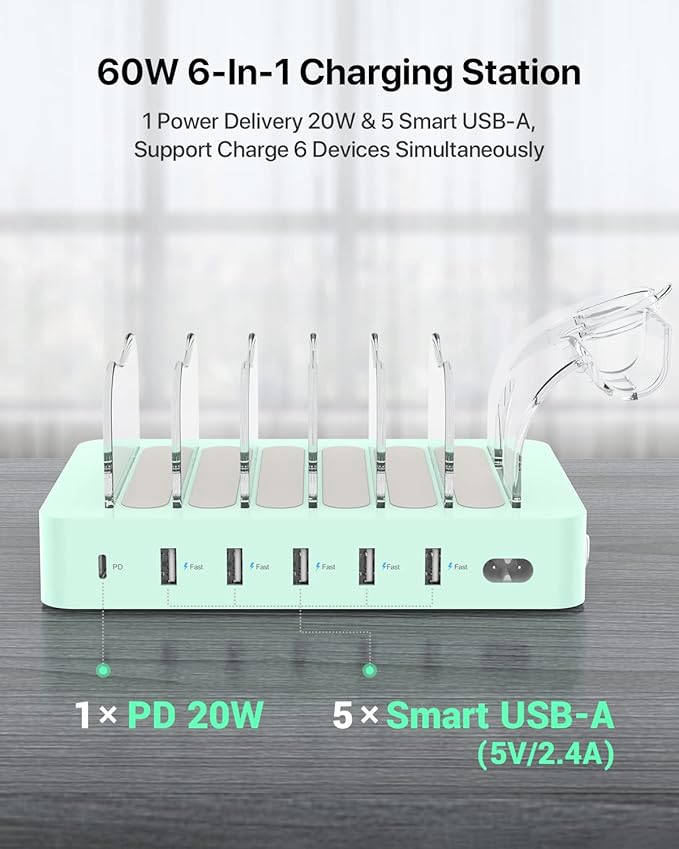 SooPii 60W/12A 6-Port Charging Station for Multiple Devices, PD 20W USB C Fast Charging for lPhone 14/13/12,6 Short Cables Included, 2 in 1 Holder,for Phones,Tablets and Others