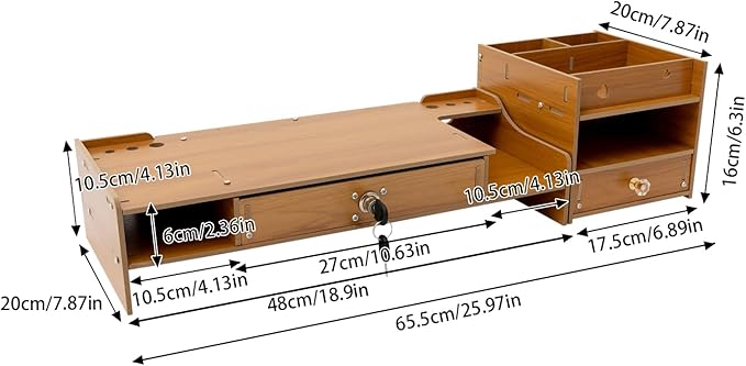Monitor Stand Wooden Desktop Organizer with Lockable Drawers & Keys & Phone Holder Vintage Multi Compartment Desk Shelf for Home,Office (Z0801)