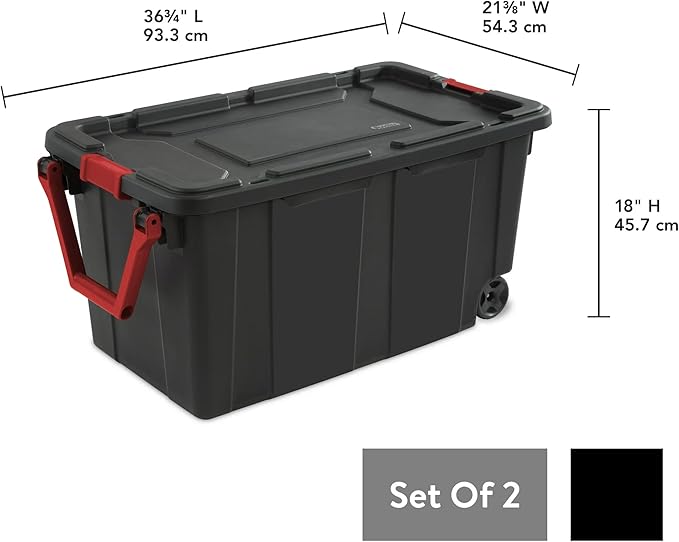 40 Gallon Plastic Storage Box, Wheeled Industrial Tote, Pack of 2