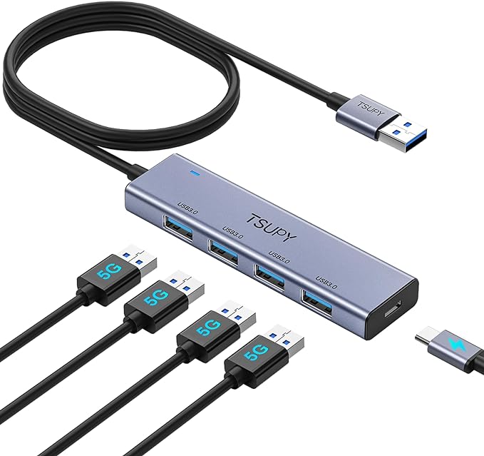 USB 3.0 HUB, TSUPY USB Splitter with 5 USB Ports and 4ft Extended Cable,Ultra-Slim Aluminium Data Hub Multi USB 3.0 Adapter HUB Compatible for Laptop,MacBook,PC, Printer, Mobile HDD and More