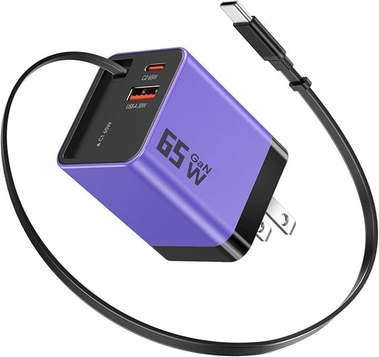 65W GaN USB C Charger Block with 2.3FT Retractable Cable, 3-Port Fast Wall Plug (2 USB-C & 1 USB-A) for iPhone 17 16 15, Samsung Galaxy S25, MacBook Pro/Air, Travel (Purple)