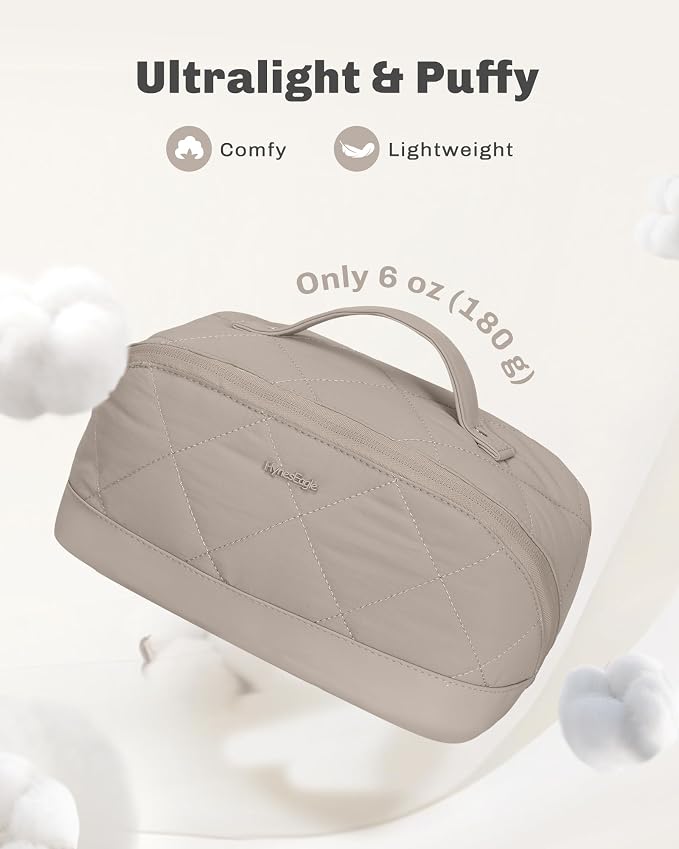 Hynes Eagle Travel Makeup Bag for Women Puffy Cosmetic Organizer Pouch Open Flat Toiletry Bag for Toiletries Brushes Structured Base Classic Camel