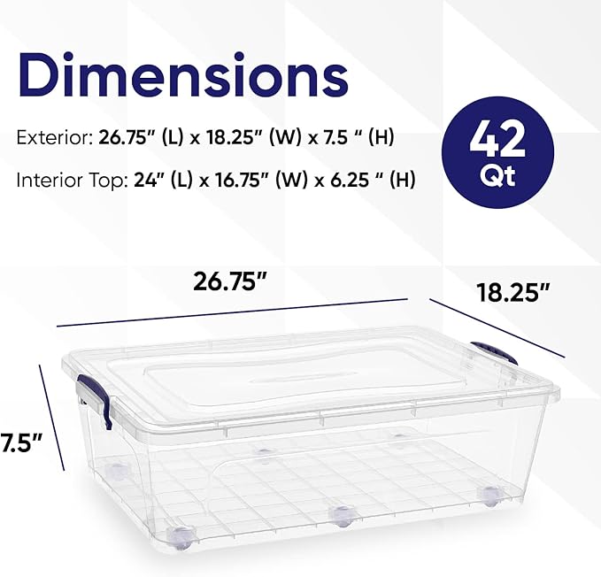 Superio Under Bed Storage Containers with Wheels (3 Pack), Flat Clear Storage Bin Stackable Large Storage Latch Box with Lids Store Cloths, Bedding, Linen, For Under The Bed, Garage, Home