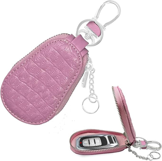 Leather Car Keychain Case Holder - Keyring Zipper Bag Auto Key Fob Cover Case with Metal Hook - Car Key Case Smart Key Fob Protector for Remote Key Fob (Pink)