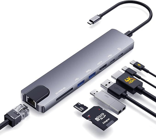 8-in-1 USB C Hub Multiport Adapter, USB C Docking Station for Laptop with 4K@60Hz HDMI, 100W PD Charging, SD/TF Card Reader, USB 3.0 Ports for MacBook Pro/Air, iPad, Windows, School & Office