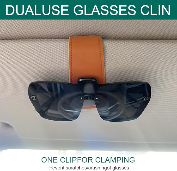 Sunglasses Holders for Car Visor, Visor Accessories, Magnetic Leather Sunglasses Holder and Ticket Card Clip, Eyeglass Hanger Clip Auto Interior Accessories Fit for Most Cars (Orange)