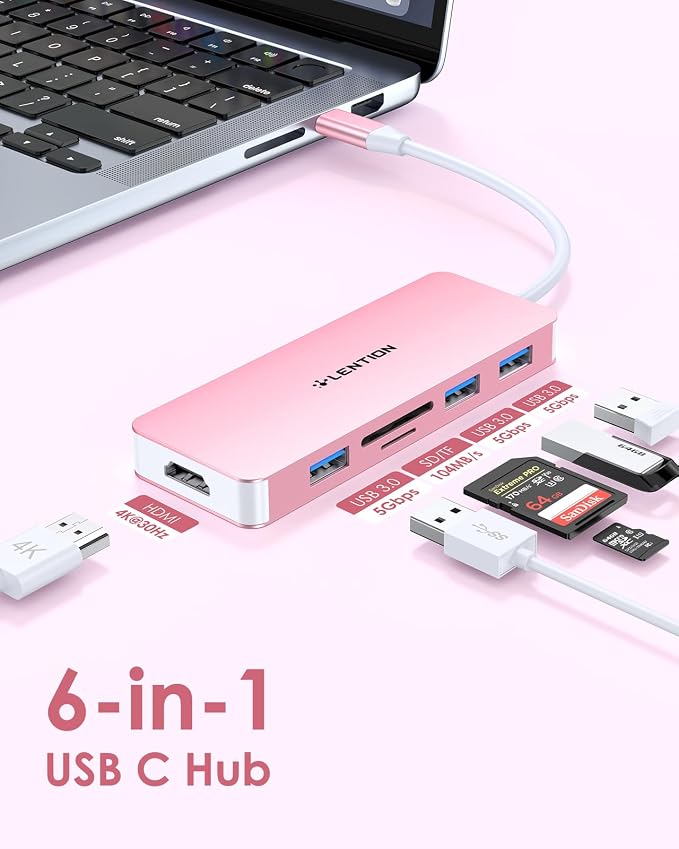 LENTION 5 in 1 USB to USB-C Adapter with Micro SD/SD Card Reader for iPhone, 4K@30Hz HDMI to USB C Hub Multiport Adapater with 3 USB 3.0 Compatible with 2025-2018 MacBook Pro MacBook Neo(Rose Gold)