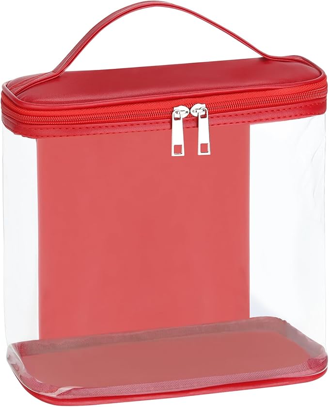 HAOGUAGUA Heavy Duty Leak Proof Clear Travel Bags for Toiletries, Transparent Makeup Cosmetic Bag with Zipper and Handle (1PCS RED, Large)