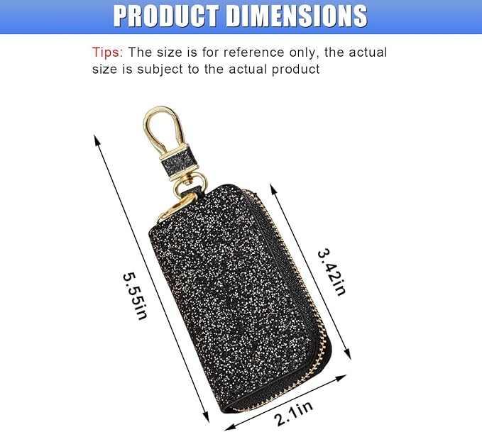 Bling Car Key Case, Leather Keyring Zipper Bag with Metal Hook, Remote Key Fob Cover, Auto Keychain Holder (Black Gold)