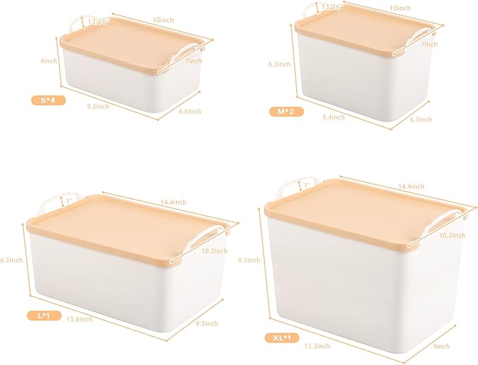 ANMINY 8PCS Plastic Storage Bins Containers with Lids, Large Storage Organization Bins Boxes, Lidded Plastic Storage Baskets for Closet Shelves Desktop, Wheat Lids, 1XL + 1L + 2M + 4S