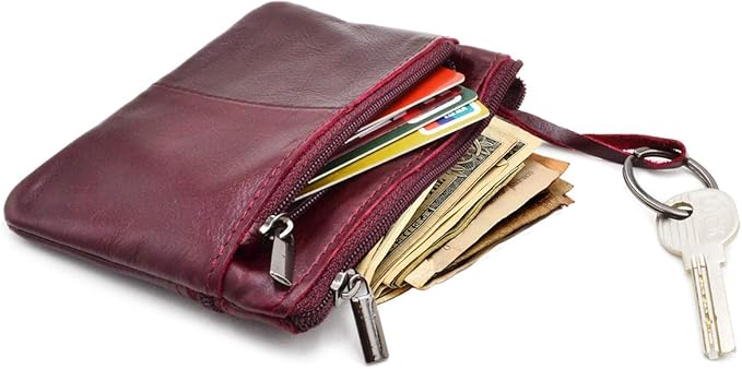 Freezx Women Genuine Leather Coin Pouch Zip Mini Purse Wallet Key Chain 3 Zipper