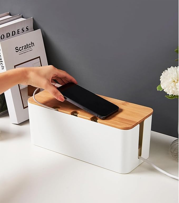 Cable Management Box with Bamboo Lid, Cord Organizer Box to Hide Wires & Power Strips, Extension Cord Power Stripe Surge Protector Wire Concealer Organizer Cover Hider (black-2pcs)