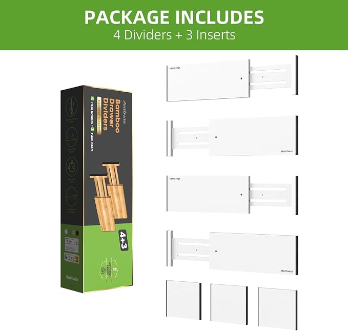 ANTOWIN 4 Pack Expandable Drawer Dividers, 4.7'' High, Extend from 12.2'' to 17.7'', Bamboo Dresser Drawer Organizers Separators for Kitchen, Bedroom, Office, Bathroom (White)