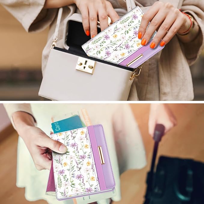 Passport Holder Cover, RFID Travel Wallet Credit Card Holder Green Cute Floral Passport Book Holders for Women with Elastic Band and Golden Metal Decoration, White Daisy