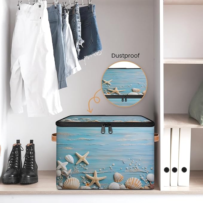 Sea Star Shell Storage Basket for Bedroom Kitchen Bathroom Storage Bins with Lids Collapsible Toy Cube Storage Organizer for Kid Teen Women Men