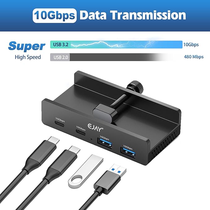 EJAY 4Ports 10Gbps USB-C HUB USB3.2 Clamp USB HUB Splitter,Mountable USB-C Adapter with Data & Power Cable for iMac 2021 and later-10Gbps (Black)