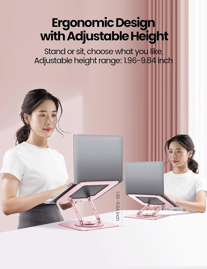 Vaydeer Adjustable Laptop Stand for Desk,Computer Stand Riser with 360° Free Rotation Base and Foldable Design Ergonomic Laptop Riser Fits for MacBook,Dell, HP and More 10-15.6” Laptops (Pink)