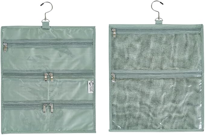 On-The-Go Organizer, 7 Clear Vinyl Pockets, Hanging Travel Case for Makeup and Accessories, 13.5 x 16 inches (Moss, Small)