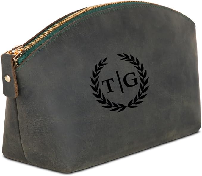 Blade Premium Personalized Genuine Leather Cosmetic Makeup Bag - Wedding Gift for Bridesmaid, Travel Organizer Clutch for Women with Zipper Pouch for Toiletry Essentials (Green)