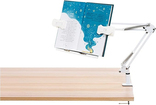 Buhelyc Book Stand for Reading, Desktop Reading Mount Holder with Clamp, Table Side Design, Height Adjustable, 180° Adjustable, Sturdy Page Clips, Metal Material for Workers, College Students