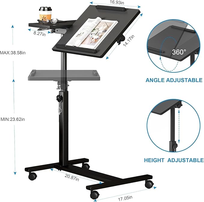 Panta Height Adjustable Rolling Laptop Stand, Overbed Table with 2 Tilting Desktops, Mobile Laptop Table for Couch with Cup Holder, Mobile Computer Workstation for Office, Home and Hospital
