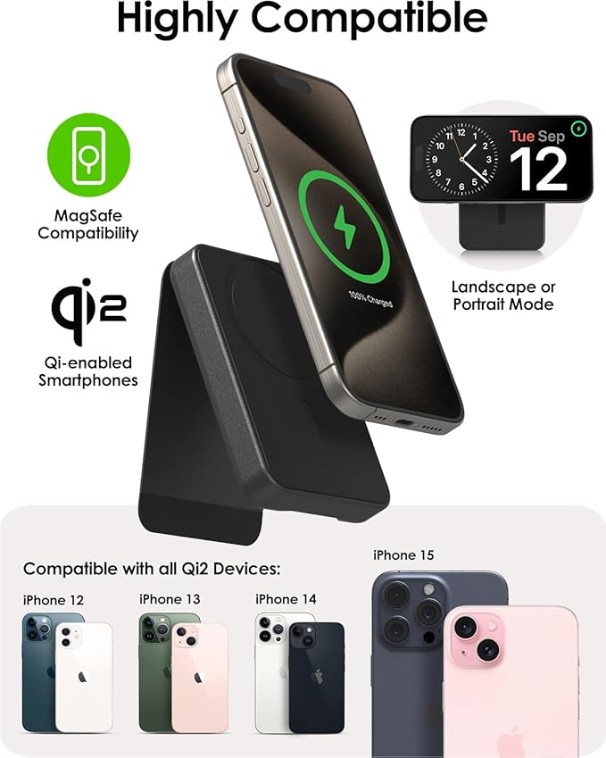 Mophie Snap+ Powerstation Mini with Stand - 5000mAh,15W Qi2 Magnetic Wireless Charger, Portable, Compatible with MagSafe & Qi-Enabled Smartphones, with Kickstand, USB C to USB C Cable Included, Black