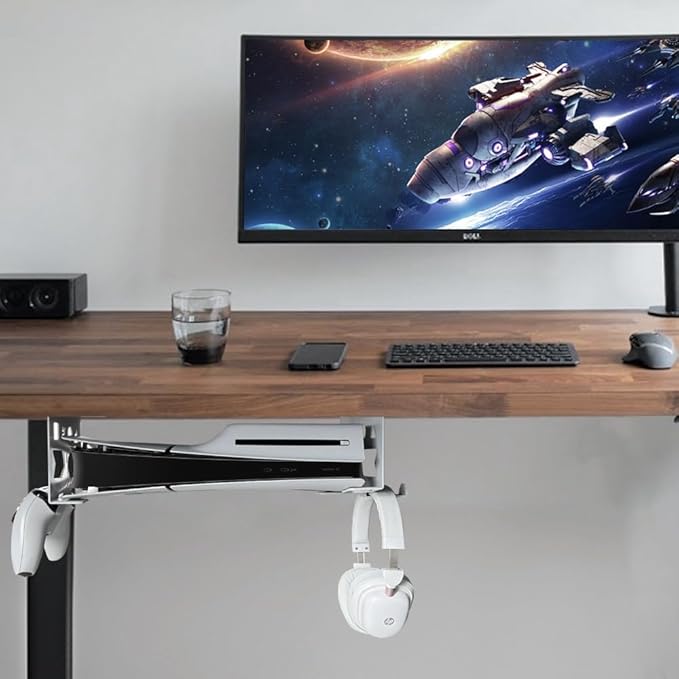 Aluminum Under Desk Mount for PS5/PS5 Slim/ PS5 Pro Digital & Disc, Securing Under Desk Bracket with Detachable Controller & Headphone Holder Kit No Drill (White)