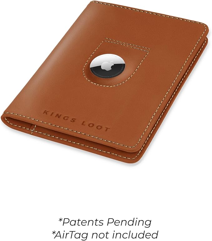Kings Loot Passport Holder Wallet – RFID Blocking Leather Travel Wallet with Built-in Airtag Holder – Holds 1-6 Cards & Passport – Easy Pull Tab – Slim & Stylish Wallets (Saffron)