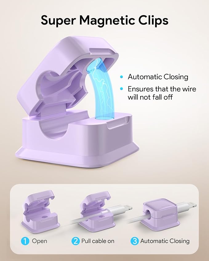 8 Pack Magnetic Cord Organizer, Easy Secure Adhesive Cable Management, Wire Holder Keeper Organizer Management, Hide/Organize Phone USB Charger Cable for Home,Office,Car,Desk,Nightstand-Purple