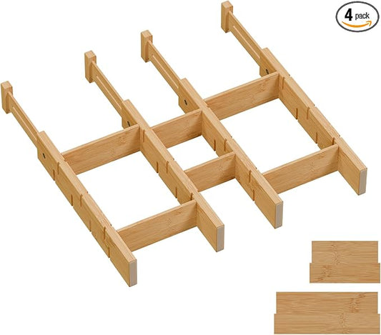 Bamboo Drawer Dividers, Expandable Kitchen Drawer Organizer, Include 4 Dividers, 4 Small Inserts and 4 Medium Inserts for Home, Office, Dressers