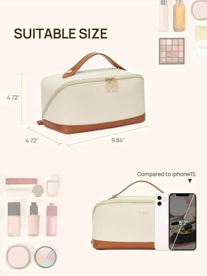 Telena Leather Make Up Bag Portable Travel Makeup Bag Waterproof Cosmetic Bags for Women Large Capacity With Handle and Divider Open Lay Flat