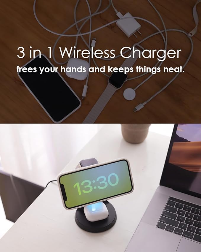Wireless Charger Compatible with Mag-Safe,3 in 1 Charging Station for iPhone17/16/15/14/13/12 Series, Apple Watch,AirPods,15W Fast Charging (USB-C Adapter Included)