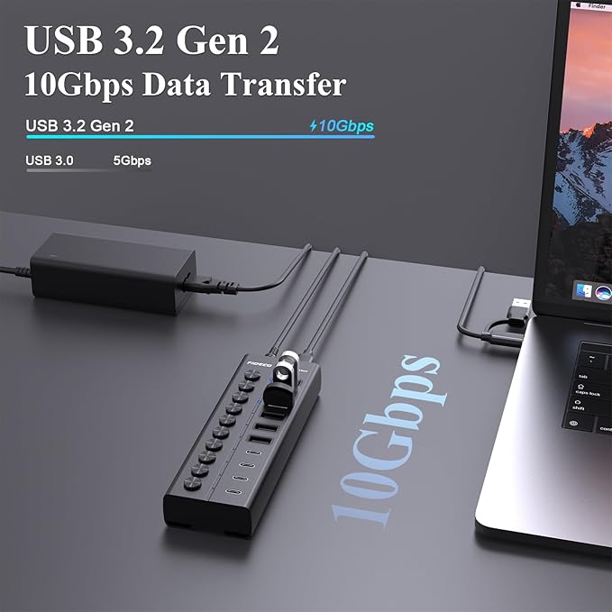 FIDECO 60W Powered USB Hub for Laptop and PC, 10-Port 10Gbps USB Splitter with 12V 5A Power Adapter, Aluminum USB 3.2 Gen 2 Multiport Adapter, 6 USB-A and 4 USB-C Ports, Support BC1.2 Charging (Black)