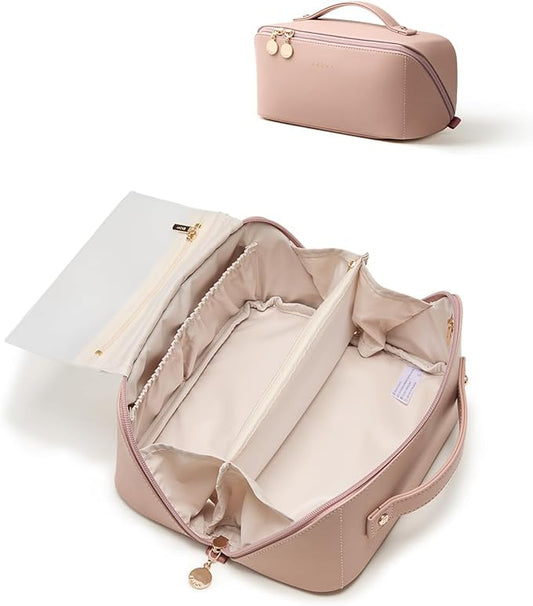 EACHY Travel Makeup Bag, Large Capacity Cosmetic Bag for Women, Waterproof PU Leather, Flat Open Portable Toiletry Bag for Skincare, Brushes & Travel Essentials