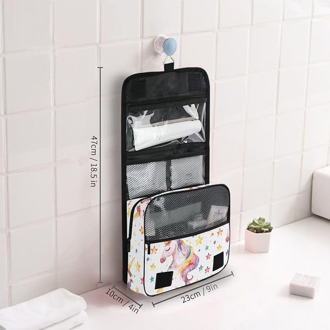 senya Hanging Travel Toiletry Bag Cute Kit Makeup Case Cosmetics Organizer for Men Women (Unicorns Face Pale Yellow Stars)