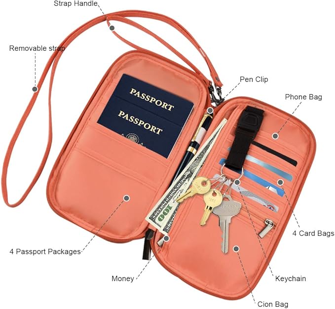 RFID Passport Wallet with Vaccine Card Slot, Family Travel Passport Holder Document Organizer Bag with Wrist & Neck Double Strap
