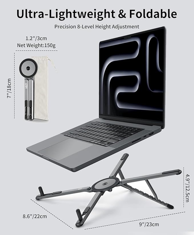 miley Portable Foldable Laptop Stand for Desk,Foldable Ergonomic,8-Level Height,with 13–17" Laptops,Aluminum Construction,Tripod Compatible,Portable with,Includes Storage Bag
