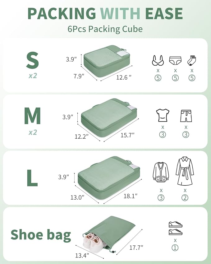ECOHUB 6 Set Packing Cubes for Travel Durable Suitcase Organizer Bags Set with Personalized Tag Travel Essentials with Shoe Bag Traveling Accessories for Luggage Machine Washable, Green