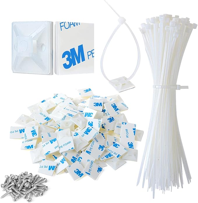 3/4" 3M Back-Glue Self Adhesive White Strong Cable Zip Tie Mounts 100pcs with 8" Ties, Screws, Outdoor Sticky Wire Fasteners Cable Clips Management Anchors Organizer Holders Squares