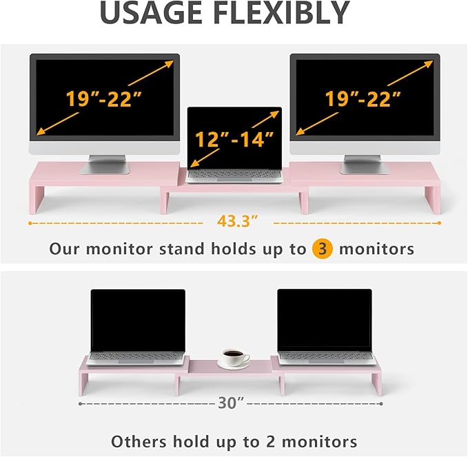 TAVR Dual Monitor Stand Riser, Computer Monitor Stands for 2 Monitors, Extra Long Multifunctional Desktop Organizer Riser for Computer, Laptop, PC, Printer, TV, Max 43.3" Length, Pink