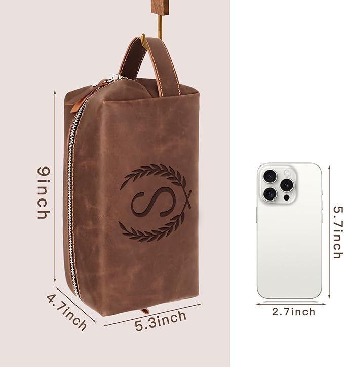 Laser-Engraved Initial Mens Toiletry Travel Bag, Corporate Gifts for Clients Boss Colleague Employee Appreciation Gifts Birthday Party Favor Waterproof Shaving Bag for Men, Reddish Brown S