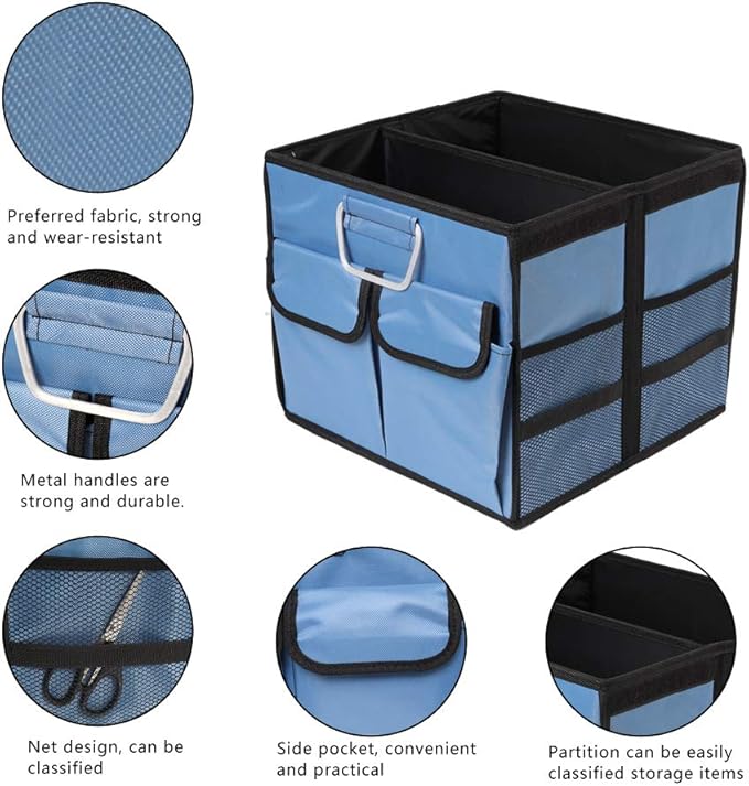 Car Trunk Organizer Collapsible Portable Multi Compartments Organizer with Non Slip Straps for SUV Truck Auto Vehicle Car Auto Minivan(Small without cover, Blue)
