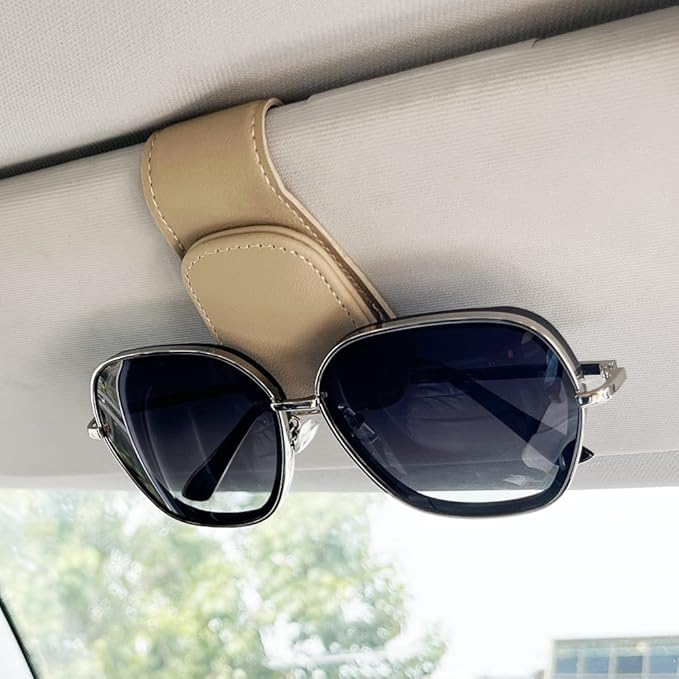 Sunglass Holder for Car, Magnetic Leather Eyeglass Hanger Clip for Car Sun Visor, Sunglasses Holder and Ticket Card Clip for Car Visor Accessories (1Pack Beige)