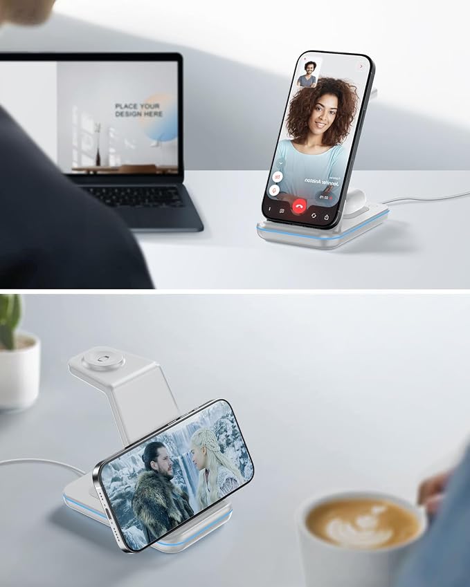 GEEKERA Wireless Charger, 3 in 1 Wireless Charging Station for iPhone Air/17/16/15/14/13/12/11/Pro Max/X/8, Phone and Watch Charger Stand for Apple Watch Ultra 3-2/11-2/SE, AirPods Pro/4/3/2, Silver