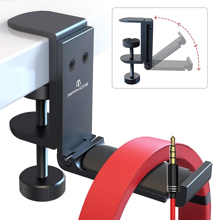Foldable Headphone Stand Under Desk, Metal Headset Holder Hook for Desk with Cable Organizer, Space-Saving Desk Bag Hook & Backpack Hanger for Gaming Office, Universal Fit, Black