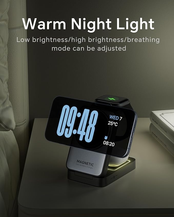 2026 Upgraded 3-in-1 Wireless Charger for iPhone,Travel Magnetic Charger Stand Nightlight Foldable Wireless Charging Station Compatible with Magsafe Charger&iPhone 17/16/15/14/13,Apple Watch&AirPods