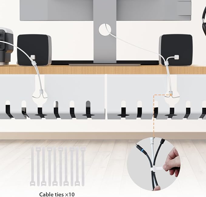 Syeeiex Under Desk Cable Management Tray, 34" Total Length (17"×2 Set), No-Drill C-Clamp & Screw Mount, Heavy Duty Metal Cord Organizer with 10 PCS Cable Ties, for Office Home Workspace, White, 2-Pack