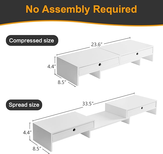 LAPTAIN Wooden Dual Monitor Stand with 2 Drawers, Monitor Stand Riser with Adjustable Length and Angle, Solid Wood Desktop Organizer Stand for Laptop/PC/Computer, No Assembly Required
