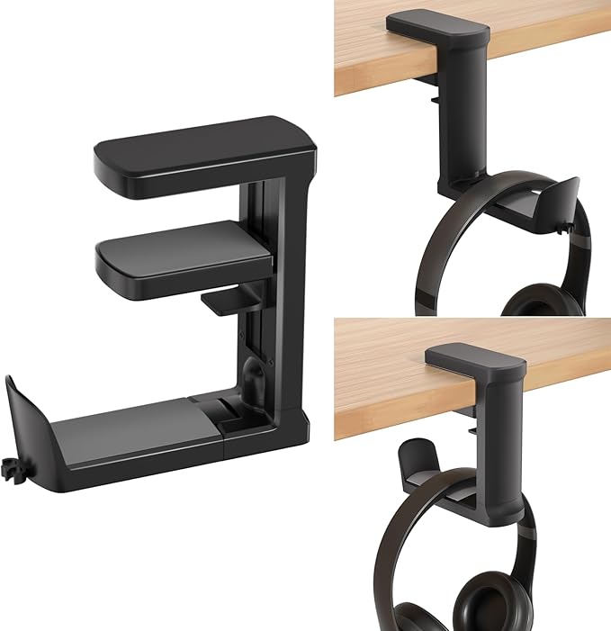 Headphone Hook - Adjustable Clamp-on Headphone Holder, Under Desk Gaming Headset Holder Mount Hook with Rotating Clamp (Black)