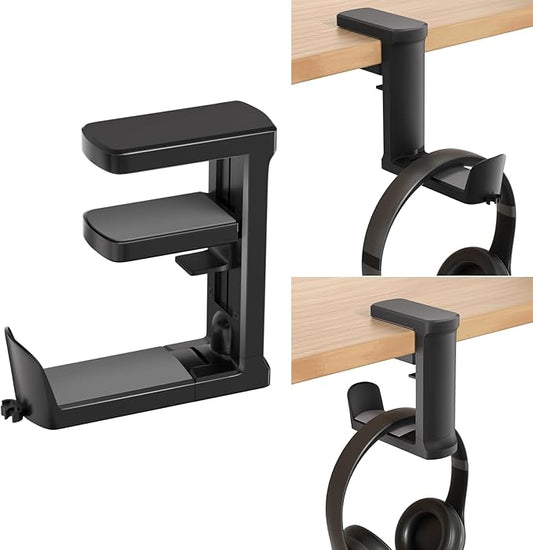 Headphone Hook - Adjustable Clamp-on Headphone Holder, Under Desk Gaming Headset Holder Mount Hook with Rotating Clamp (Black)